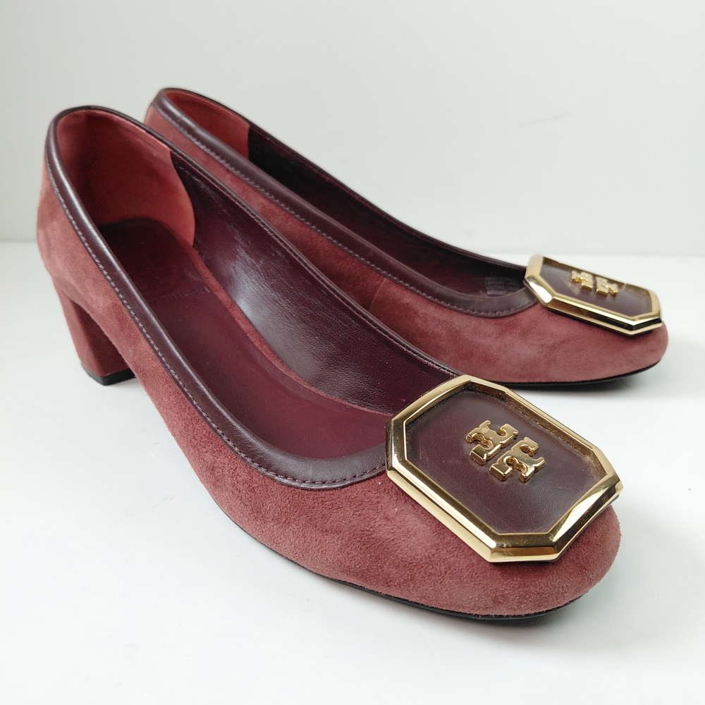 Tory Burch Lawrie Suede Block Heels Pumps Burgundy Size 6M